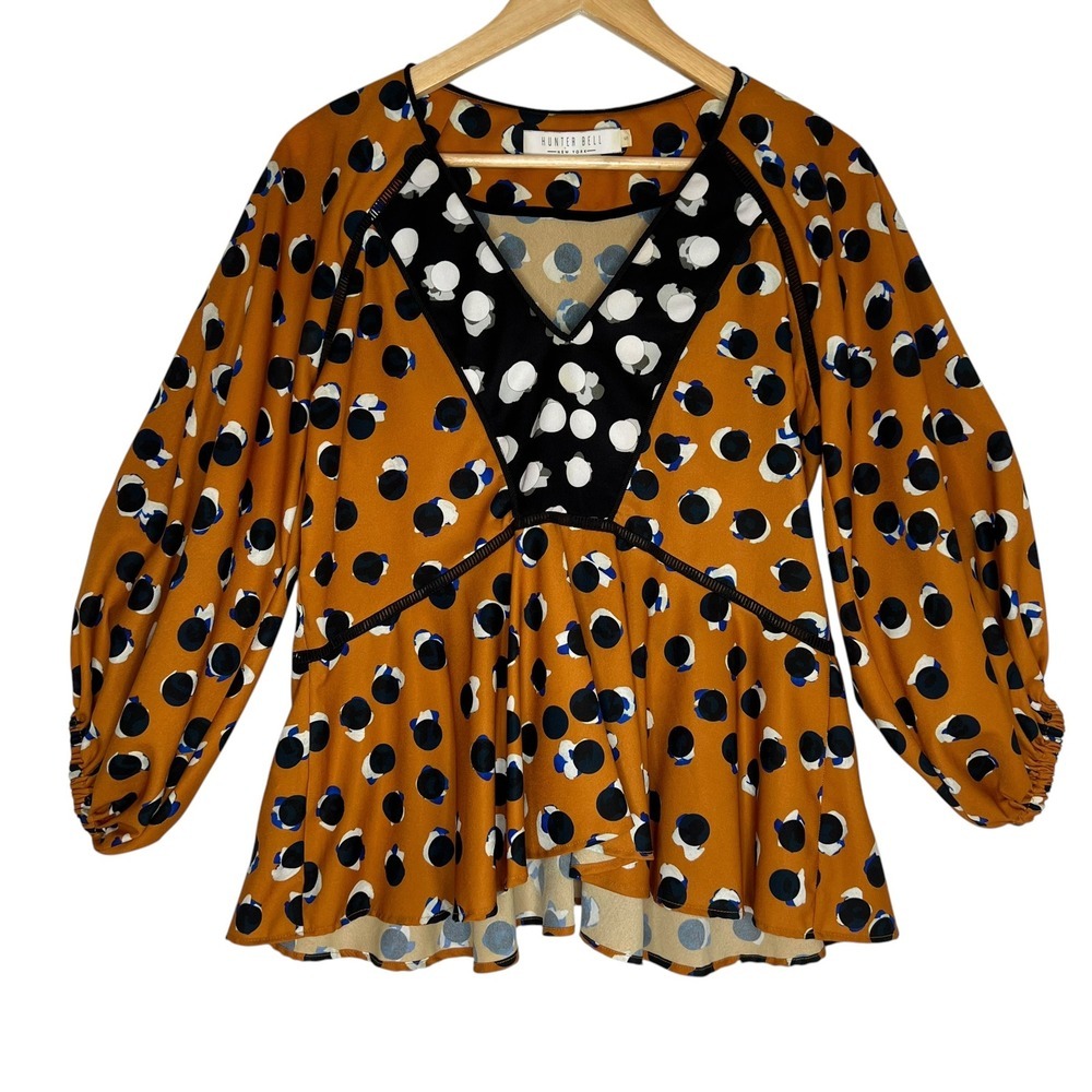 Hunter Bell New York Grayson V Neck Puff Sleeve Orange Polka Dot Blouse SZ S